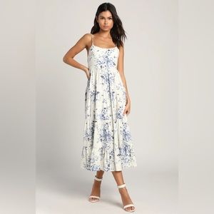Lulu’s Mykonos Mood Ivory Floral Print Tie-Strap Tiered Midi Dress